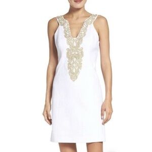 Lilly Pulitzer Bentley White Gold Embroidery Trim Shift Dress Resortwear Sz 2